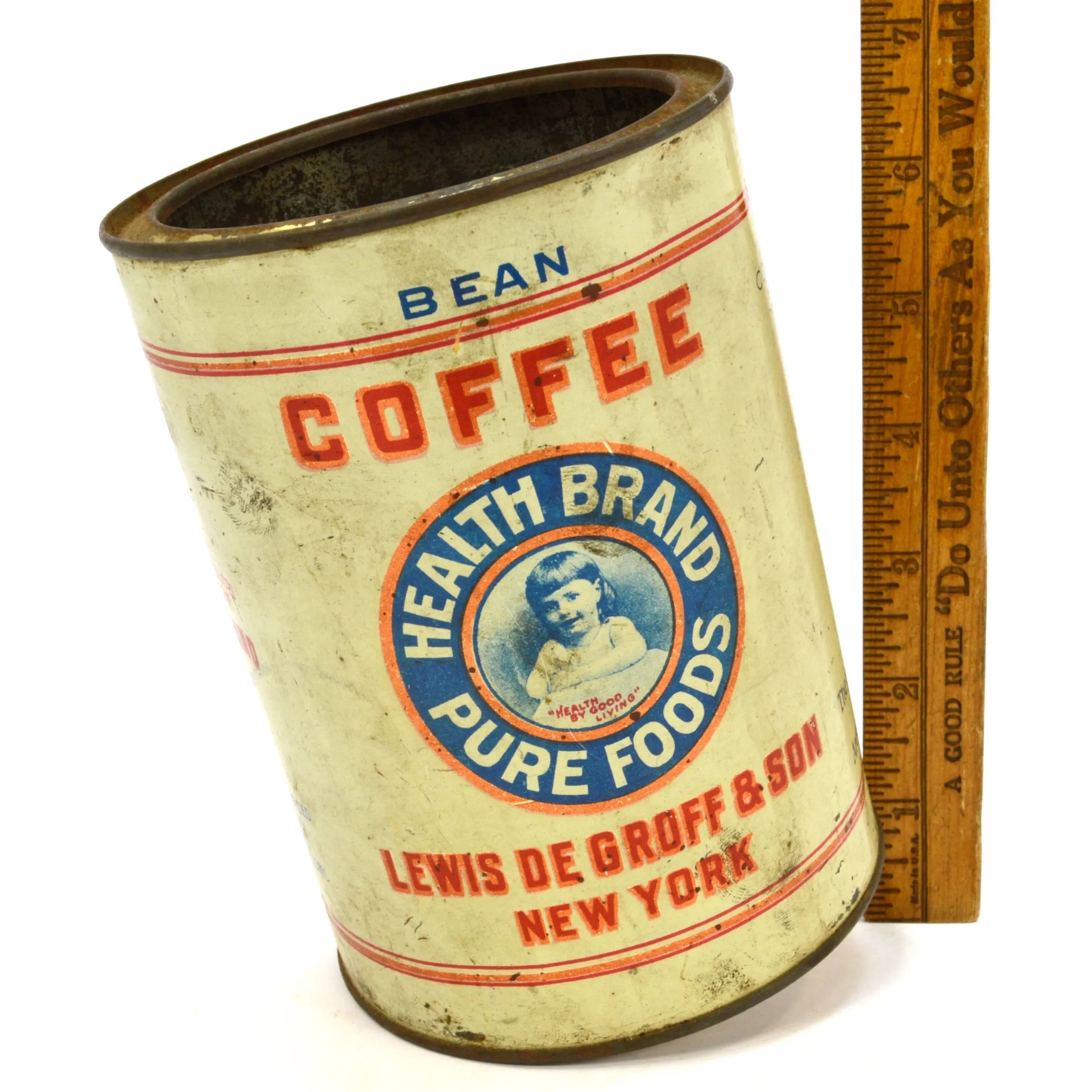 Antique HEALTH BRAND PURE FOODS "BEAN" COFFEE TIN Very Rare! LEWIS DeGROFF & SON