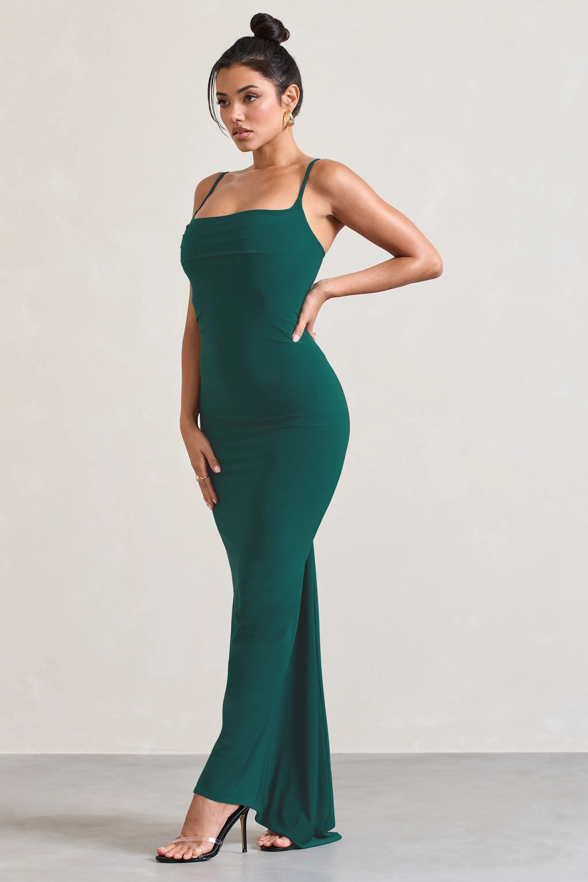 Camera One | Bottle Green Strappy Laced Bodycon Maxi Dress