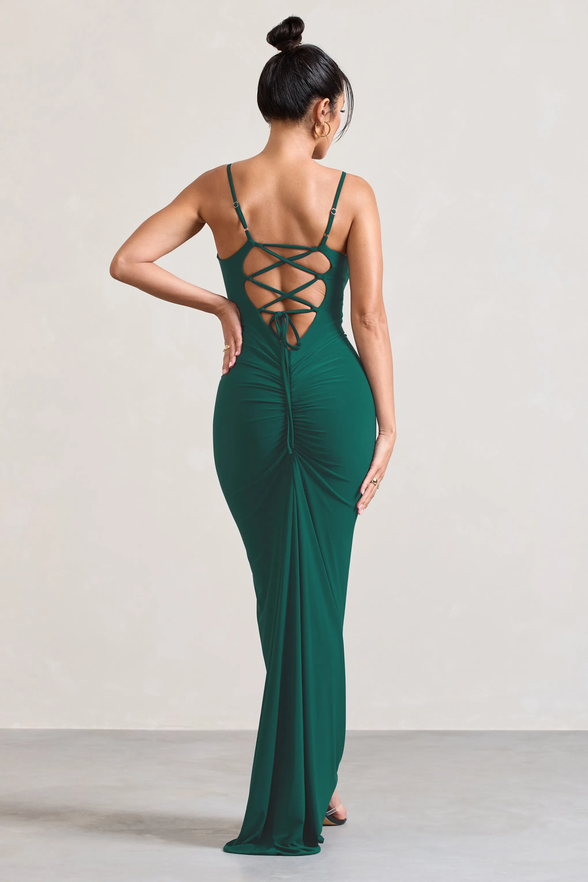 Camera One | Bottle Green Strappy Laced Bodycon Maxi Dress