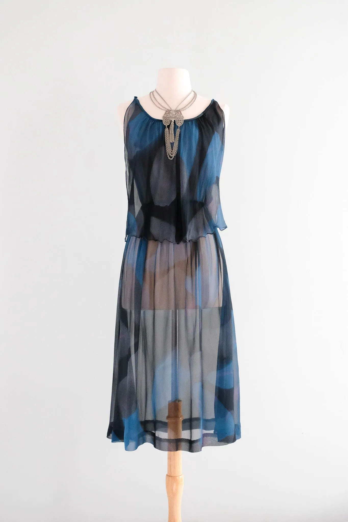 Coolest 1970's Cerulean Haze Abstract Printed Dress / Sz M