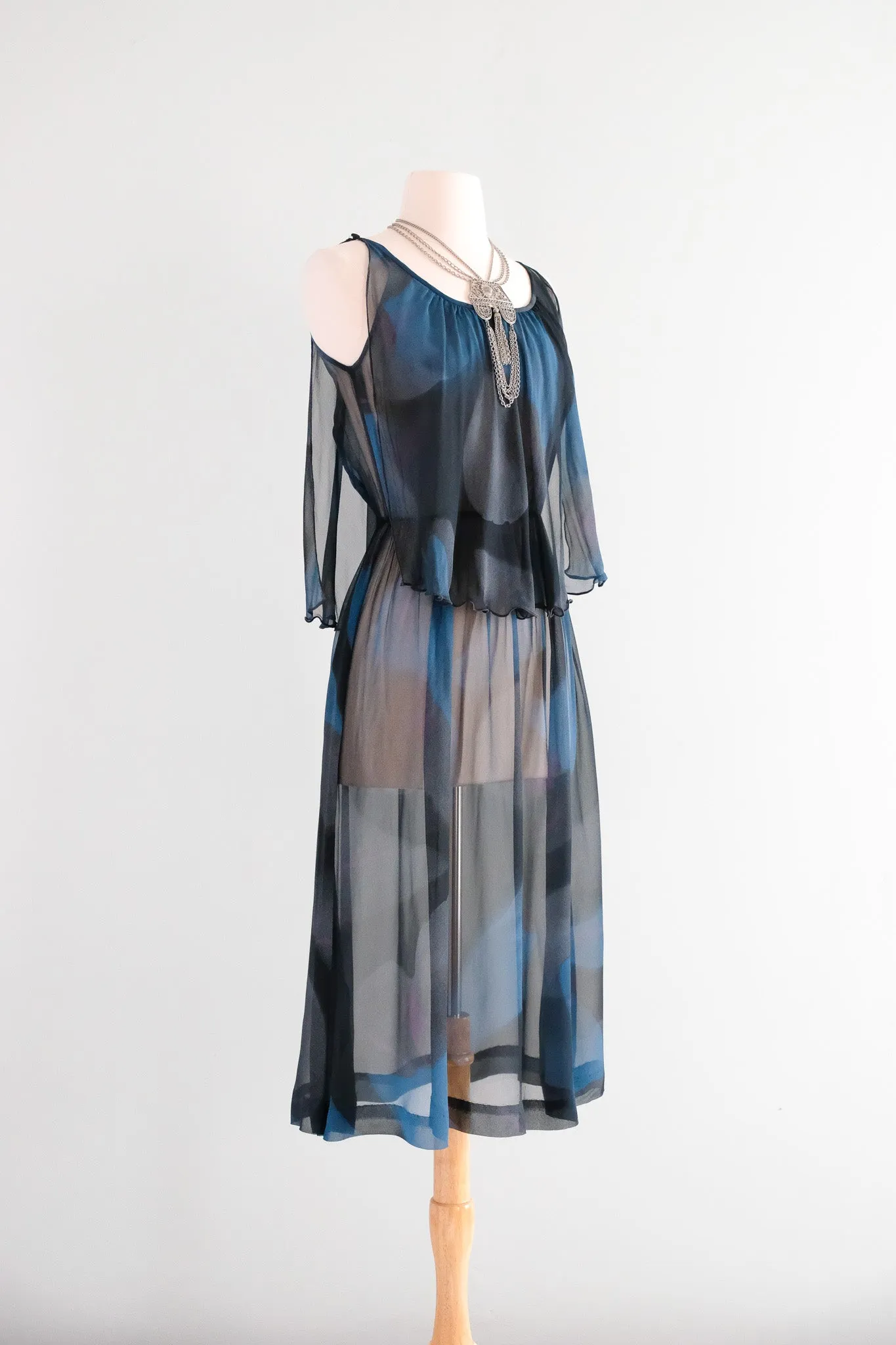 Coolest 1970's Cerulean Haze Abstract Printed Dress / Sz M