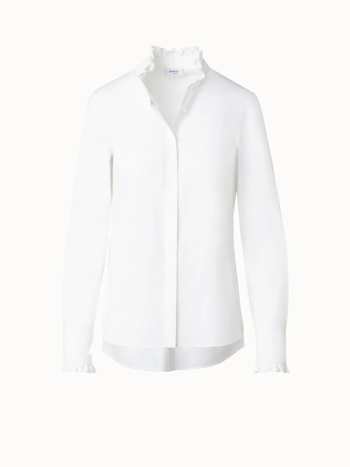 Cotton Poplin Blouse with Stand-Up Ruffle Collar