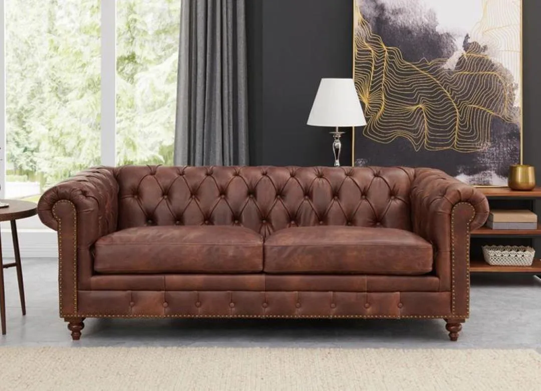 Figure It Out Chesterfield Brown Euro Leather 3pc Couch set