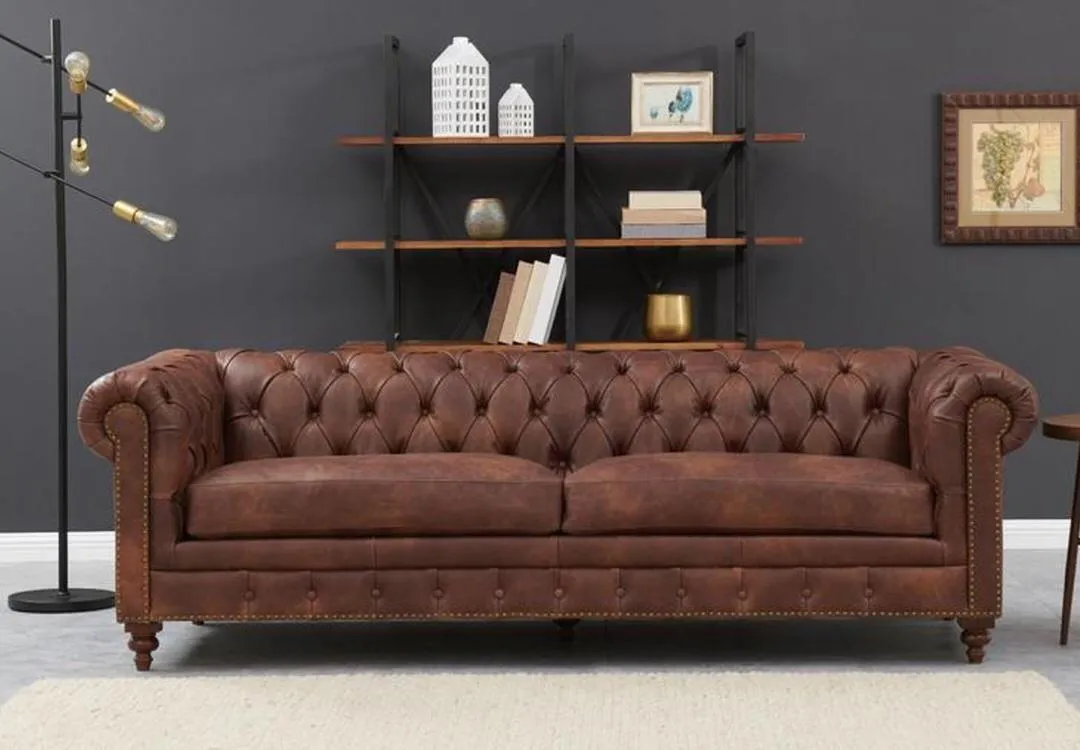 Figure It Out Chesterfield Brown Euro Leather 3pc Couch set