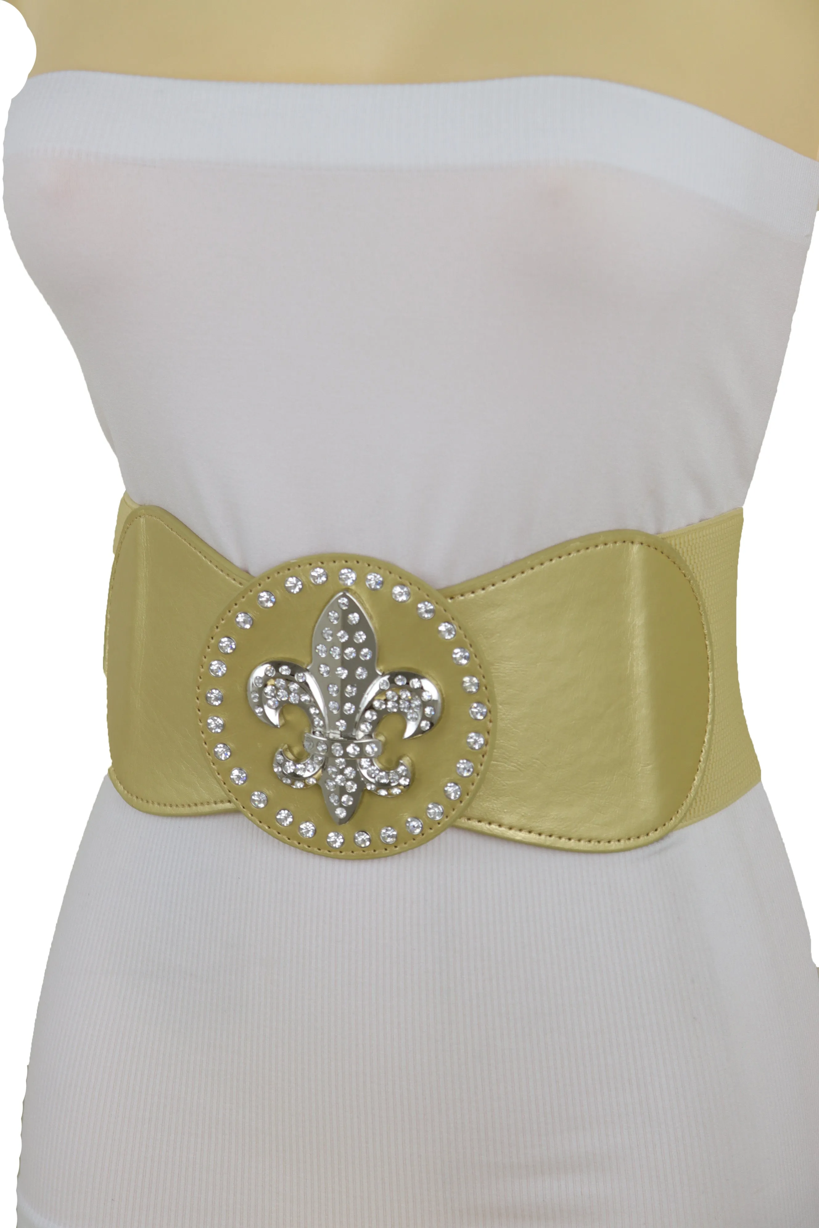 Gold Elastic Corset Fashion Belt Hip Waist Fleur De Lis Lily Flower S M