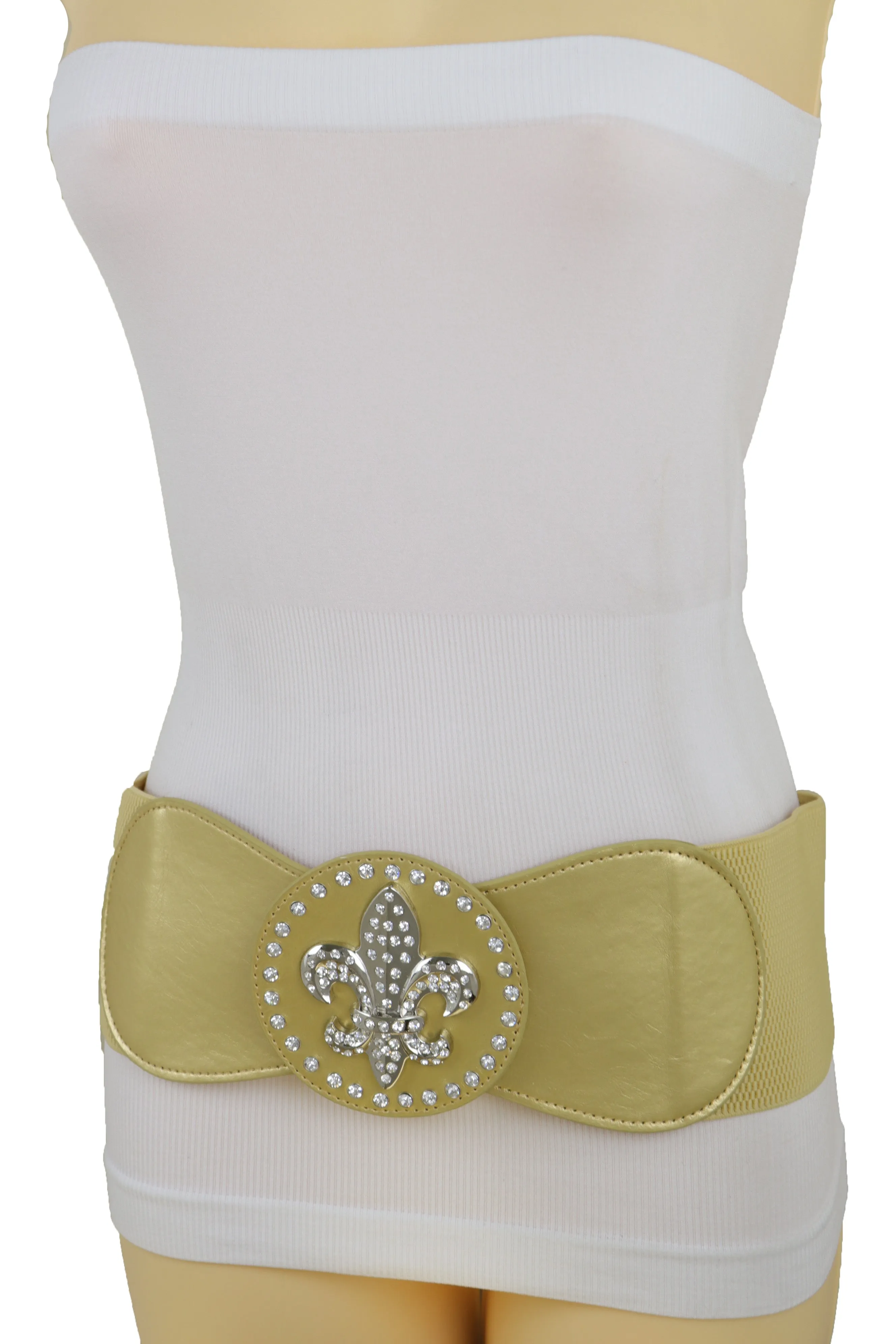 Gold Elastic Corset Fashion Belt Hip Waist Fleur De Lis Lily Flower S M