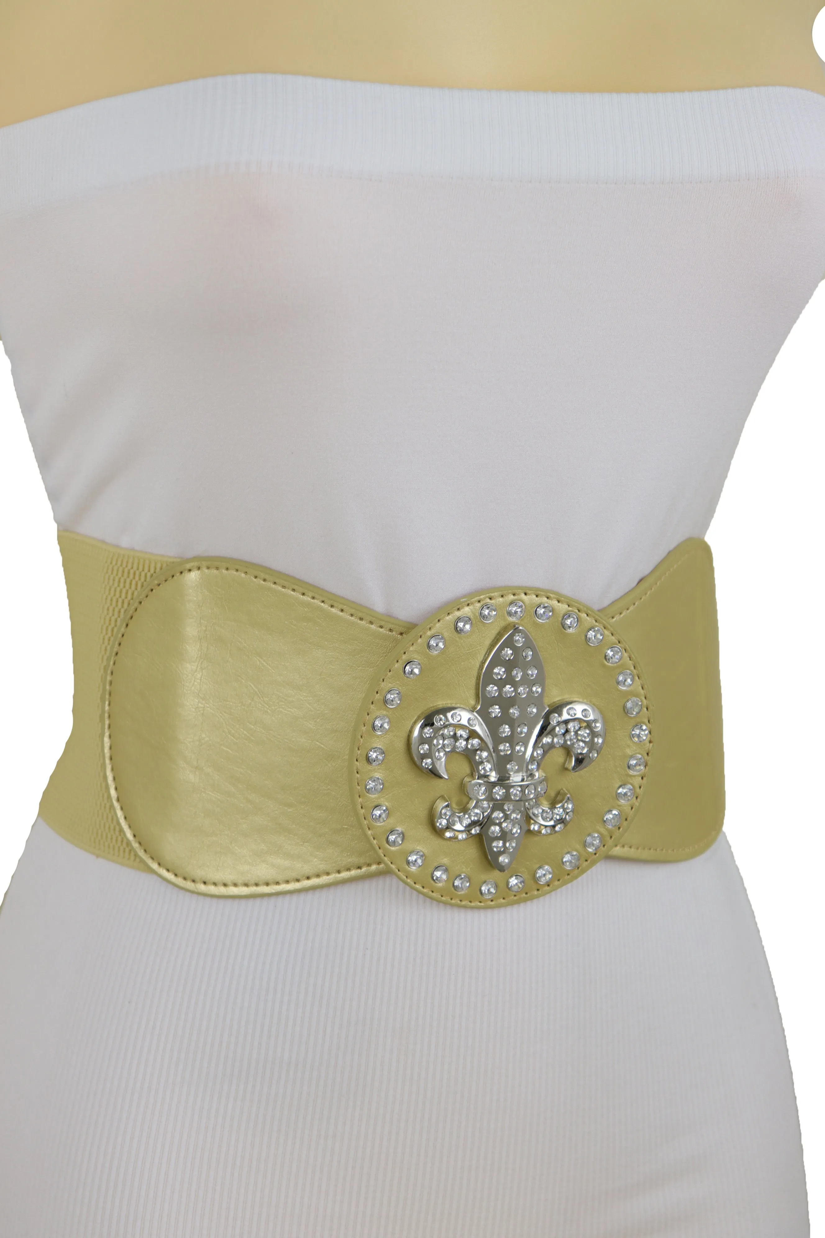 Gold Elastic Corset Fashion Belt Hip Waist Fleur De Lis Lily Flower S M