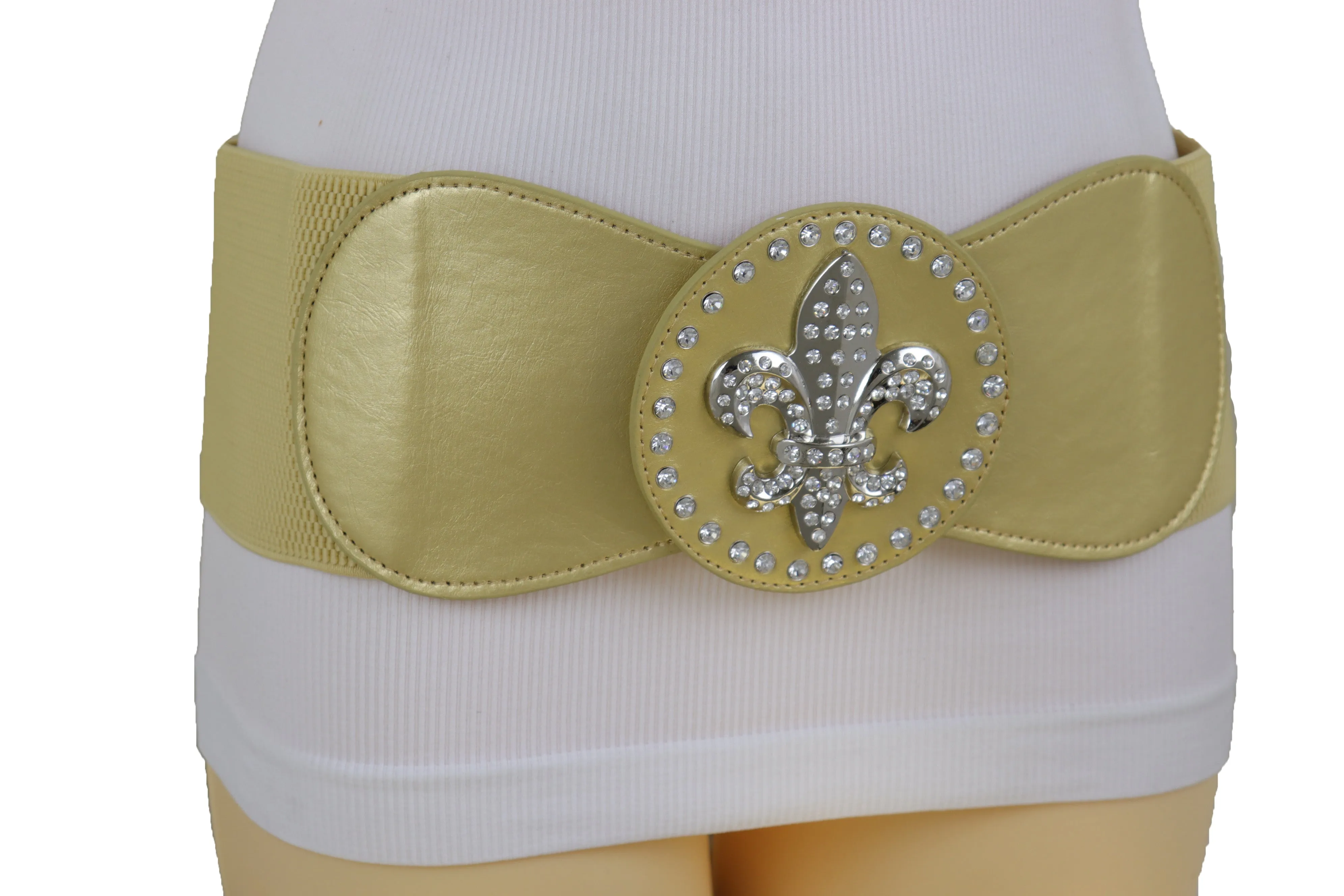 Gold Elastic Corset Fashion Belt Hip Waist Fleur De Lis Lily Flower S M