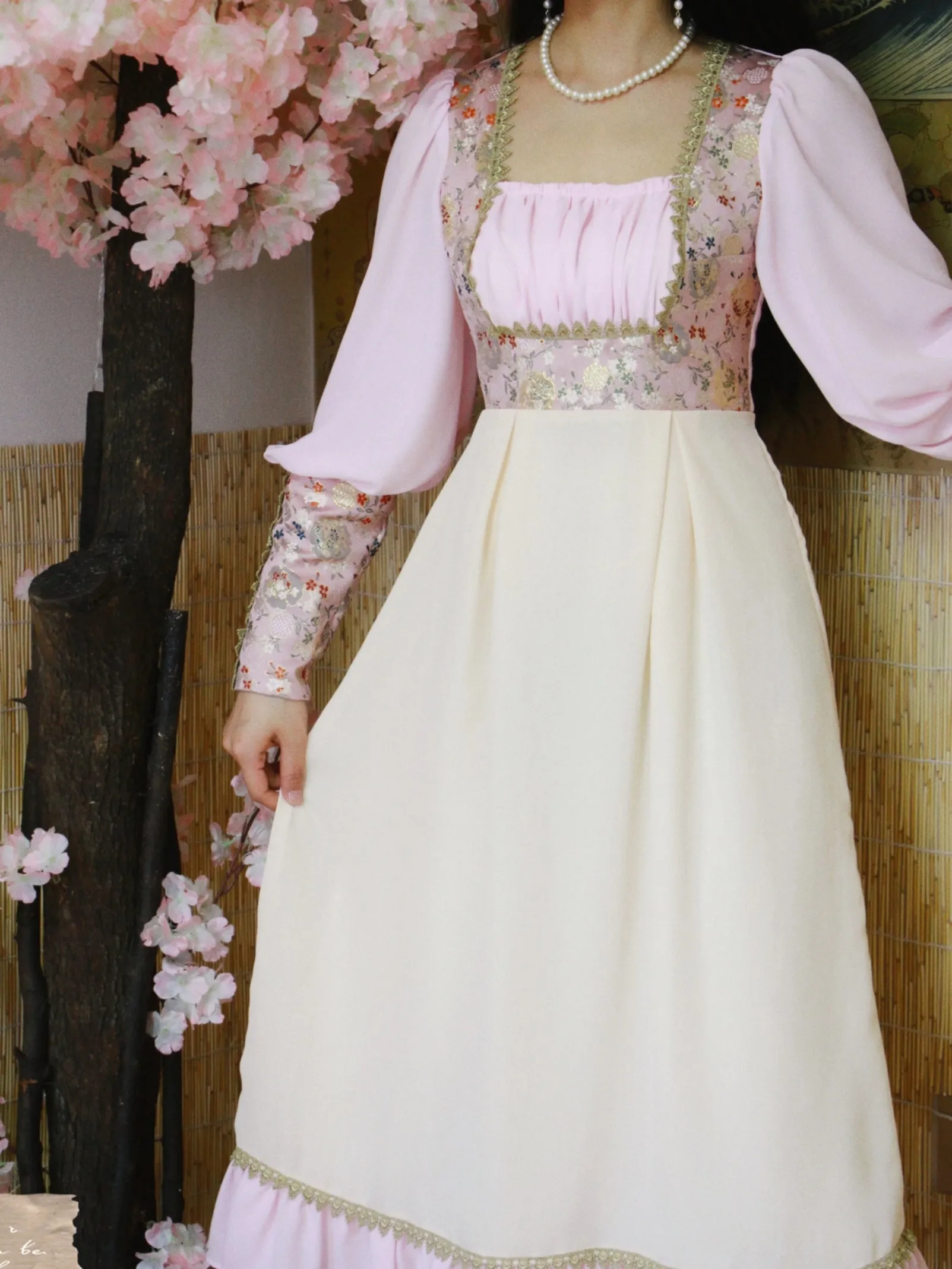 Gunne Sax Style Pink Cherry Blossom Dress