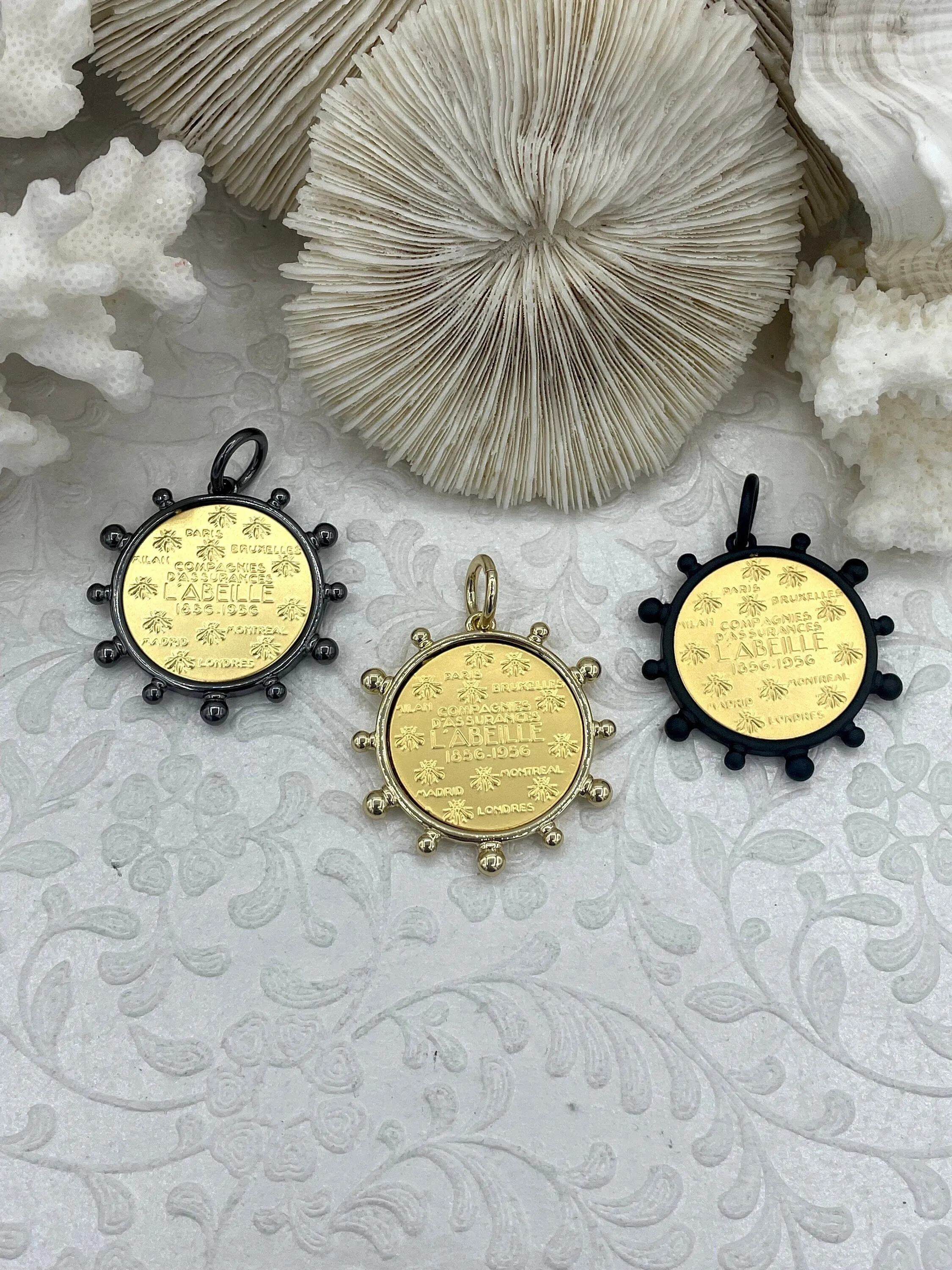 L'abielle Bee Coin Pendant, French Bee Coin with Bezel, Bee Pendant, Gold Coin, 3 bezel colors, Fleur De Lis Coin, Fast Ship