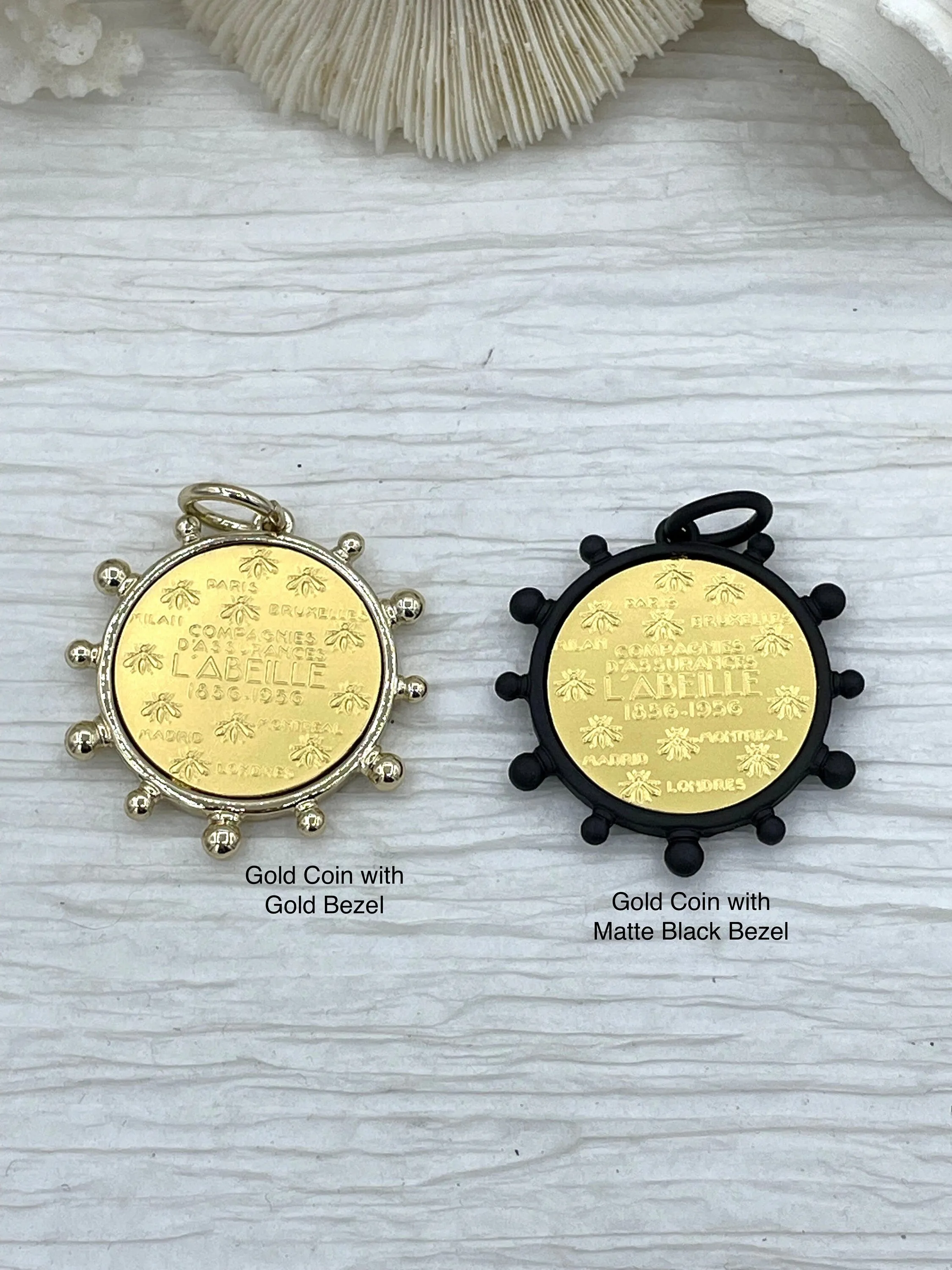 L'abielle Bee Coin Pendant, French Bee Coin with Bezel, Bee Pendant, Gold Coin, 3 bezel colors, Fleur De Lis Coin, Fast Ship