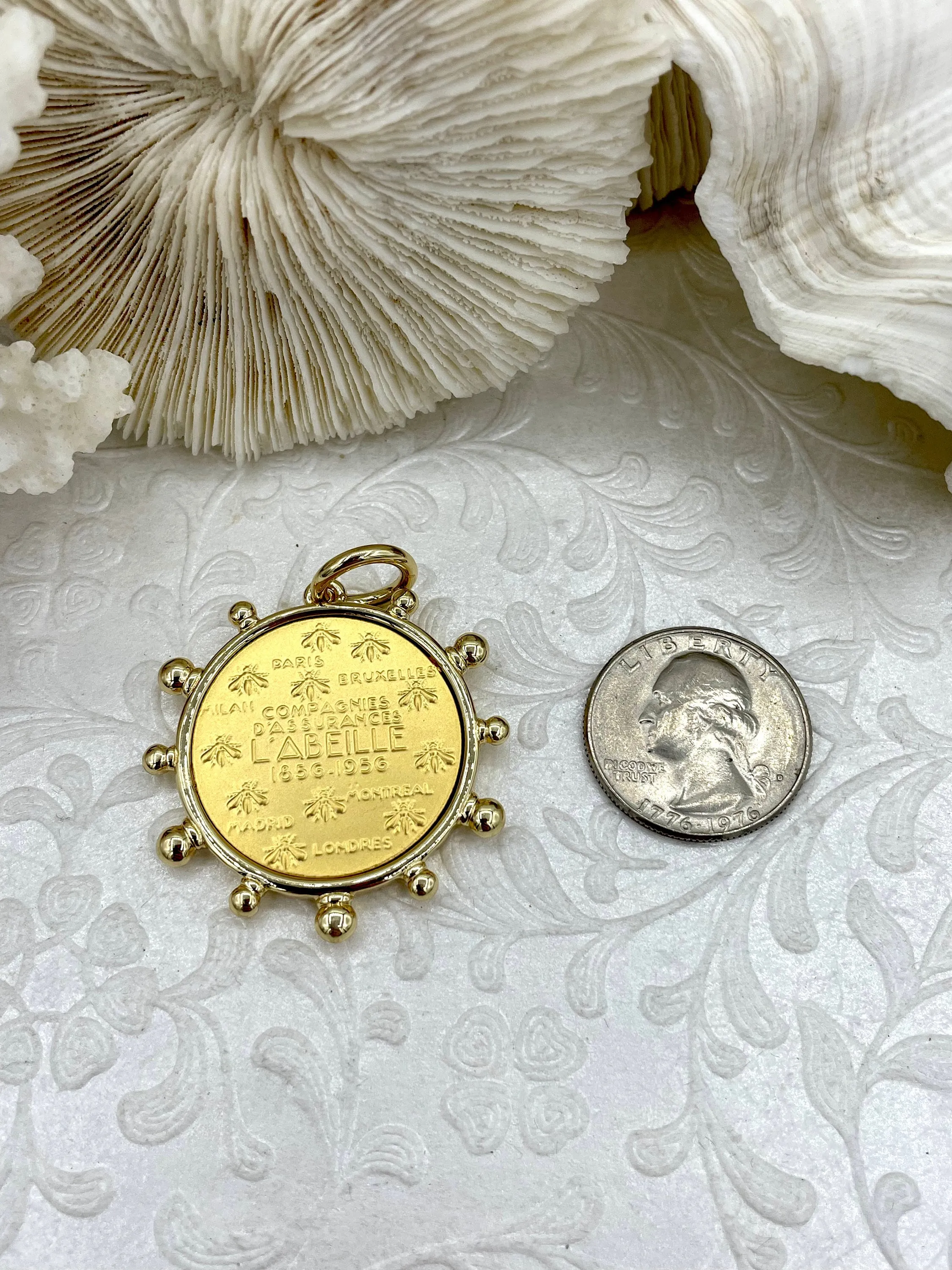 L'abielle Bee Coin Pendant, French Bee Coin with Bezel, Bee Pendant, Gold Coin, 3 bezel colors, Fleur De Lis Coin, Fast Ship