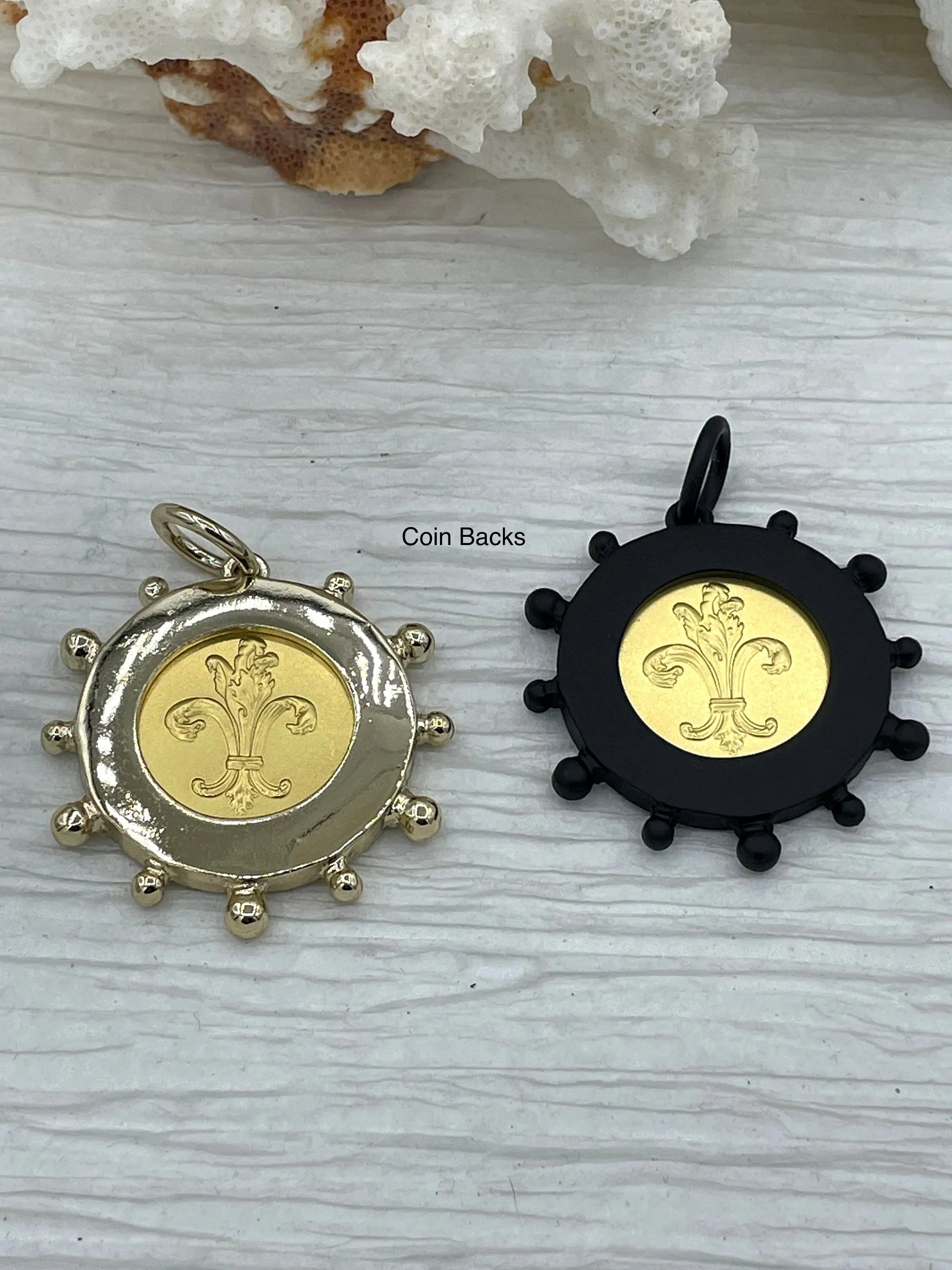 L'abielle Bee Coin Pendant, French Bee Coin with Bezel, Bee Pendant, Gold Coin, 3 bezel colors, Fleur De Lis Coin, Fast Ship