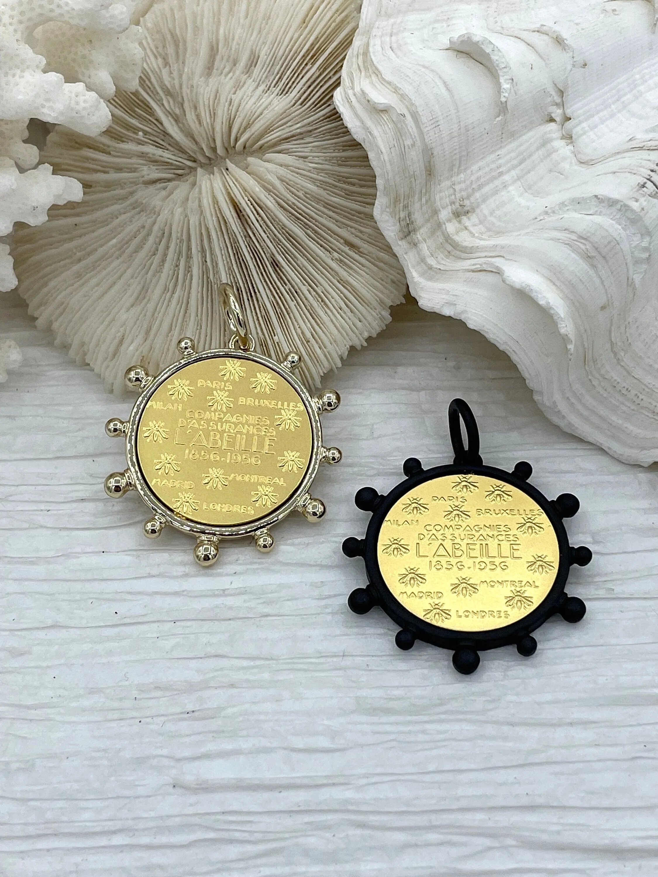 L'abielle Bee Coin Pendant, French Bee Coin with Bezel, Bee Pendant, Gold Coin, 3 bezel colors, Fleur De Lis Coin, Fast Ship