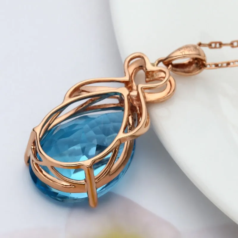 Natural Sapphire 14K Rose Gold Necklace Pendant for Women Bohemia Wedding White Topaz Pure Pendants Fine Fashion Jewelry Luxury