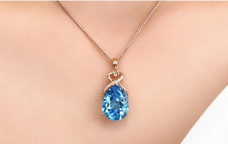 Natural Sapphire 14K Rose Gold Necklace Pendant for Women Bohemia Wedding White Topaz Pure Pendants Fine Fashion Jewelry Luxury