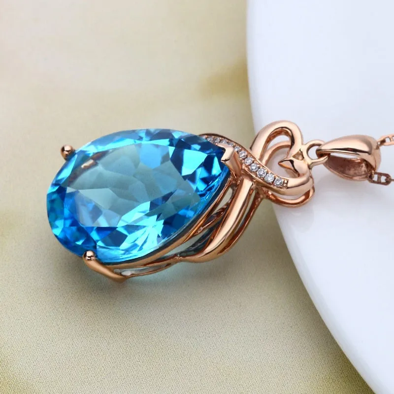 Natural Sapphire 14K Rose Gold Necklace Pendant for Women Bohemia Wedding White Topaz Pure Pendants Fine Fashion Jewelry Luxury